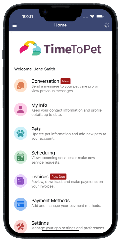 Time to Pet client app showing conversation, scheduling, invoices, and pet info features