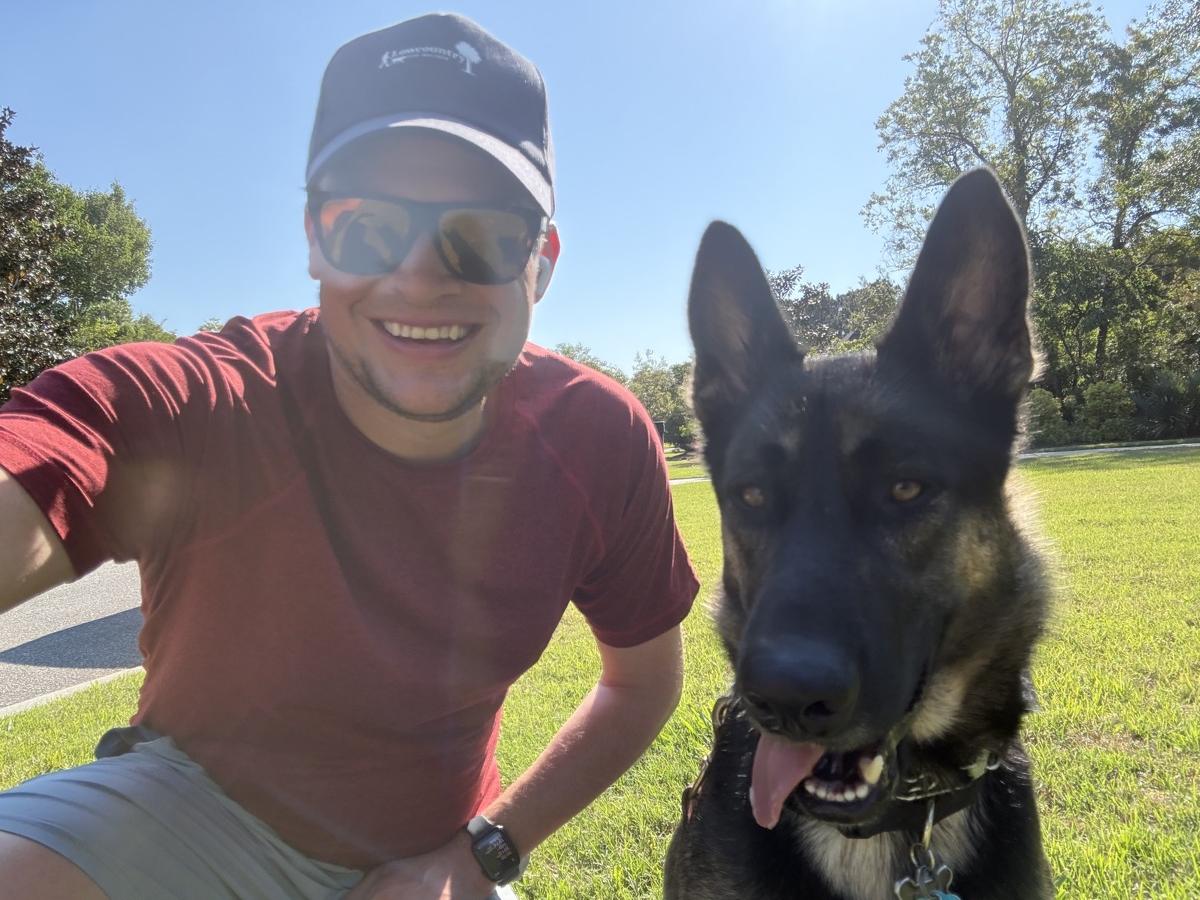 Walker selfie with a German shepherd